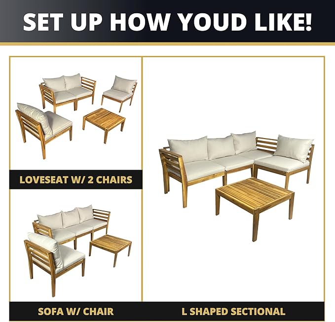 Kinger Home Trena 5-Piece Acacia Wood Outdoor Patio Furniture Set with Cushions Elegant Durable Wood Patio Furniture Set for Gardens, Decks, and Conversations