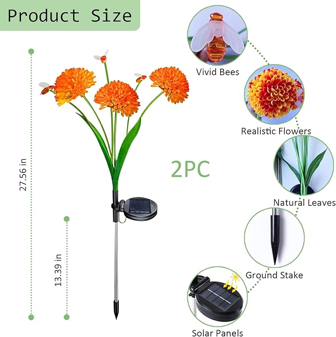 2 Pack Solar Outdoor Decorative Lights, Garden Lights Solar Powered Waterproof with Swaying Bees Lights & Flowers, Gifts for Women Grandma, Solar Decorations for Garden Yard Lawn Ornaments (Bee Warm)