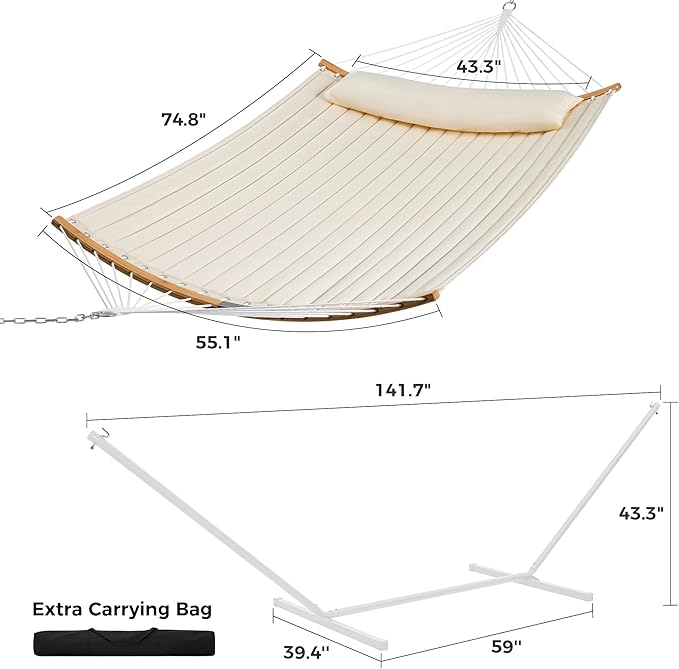 SUPERJARE Hammock with Stand, 2 Person Heavy Duty Hammock with Padded Cotton, Detachable Pillow & Strong Curved-Bar & Portable Carrying Bag, Perfect for Outdoor & Indoor, Beige