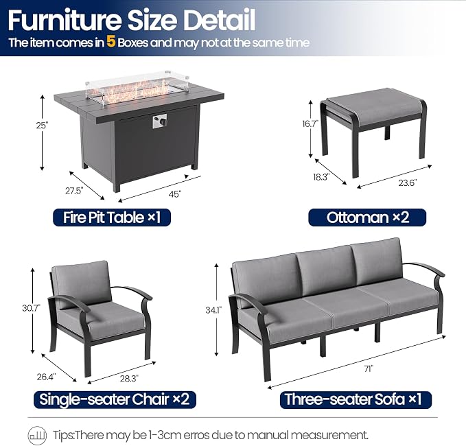 Aluminum Patio Furniture Set with Fire Pit Table, 7 Seats Outdoor Patio Conversation Sets with Ottomans, Modern Metal Patio Sectional Sofa with Upgrade Cushions for Patio, Backyard, Deck - Grey