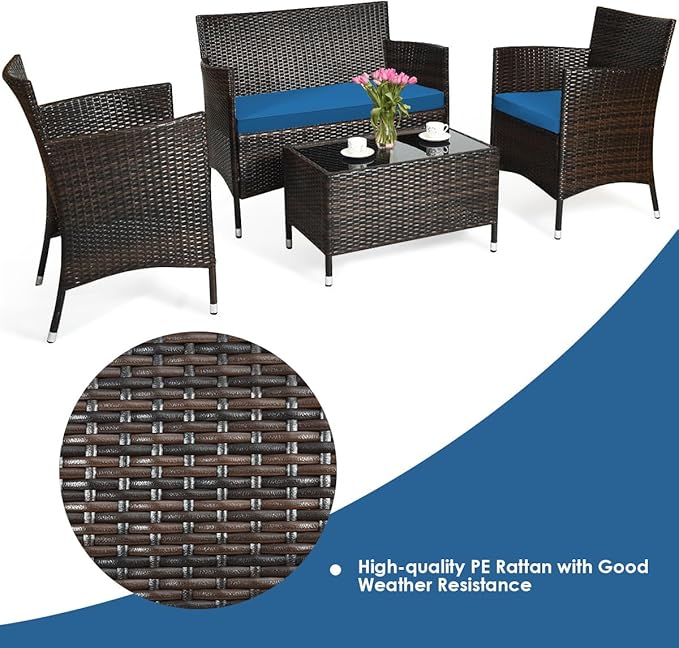 4 Pieces Patio Sofa Set, Wicker Conversation Set with Ergonomic Curved Backrest, Rattan Furniture Set with Water-Resistant Cushion & Tempered Glass Table for Balcony, Porch (Peacock Blue)