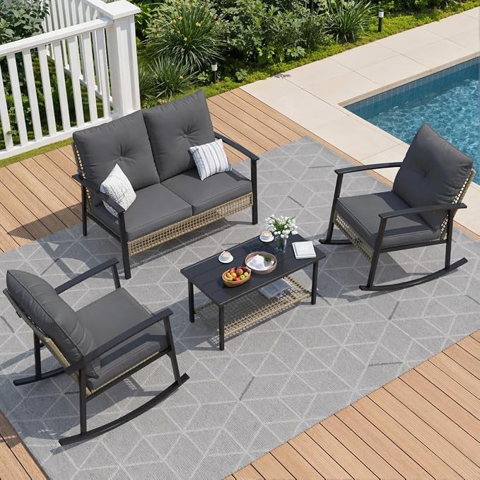 Deersky 4 Piece Outdoor Patio Furniture Set, Outdoor Rocking Chairs and Table, All-Weather Modern PE Wicker Rattan Patio Conversation Set for Porch Sunroom Deck and Yard, Dark Grey