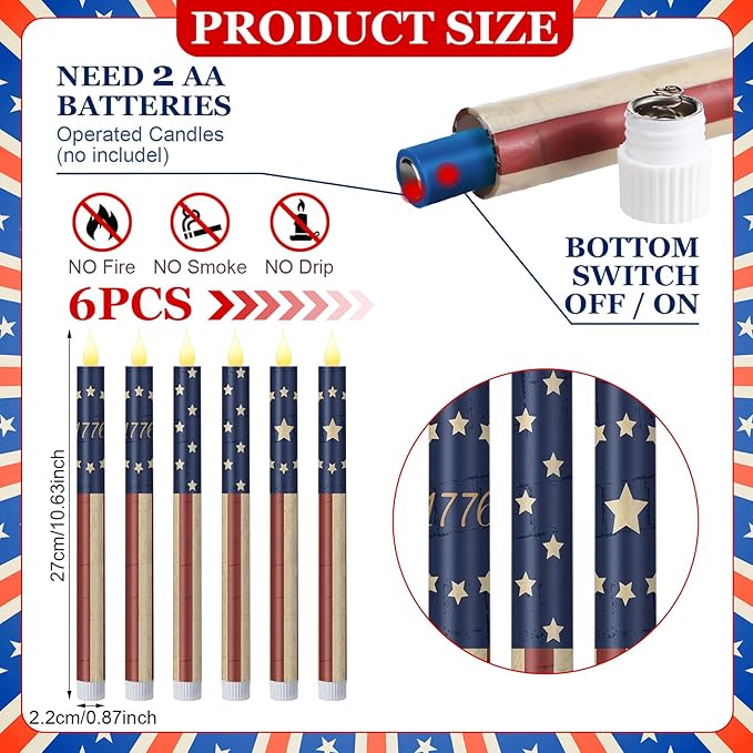 Honoson 6 Pcs USA Patriotic Flameless Taper Candles 250th Anniversary 10.6 Inch Memorial Day Red White and Blue Candles Battery Operated LED Candlesticks for 4th of July Table Home Party Decoration