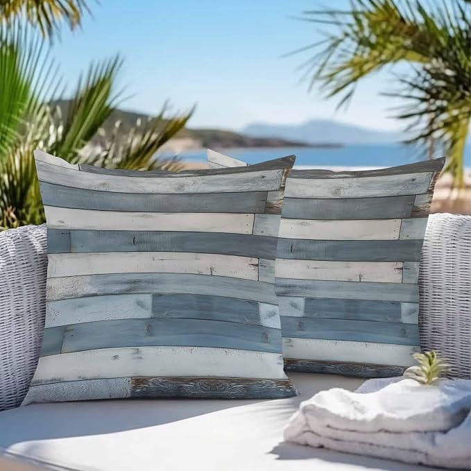 Vintage Blue Farmhouse Outdoor Pillow Covers Waterproof, All Weather Cushion Case Set of 2, Retro Wooden Country Decorative Pillowcases for Sofa Couch Bed Decor Patio Furniture 16"x16"