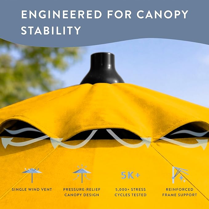 California Umbrella 8-Year Protection 9 Ft Outdoor Patio Umbrella, Solstice Fade-Resistant Fabric, Auto-Tilt, Heavy Duty Aluminum Frame, 8 Reinforced Ribs for Pool or Deck, Black Pole, Lemon