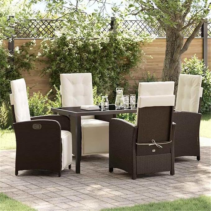 Afuera Living 5 Piece Poly Rattan Patio Dining Set, Brown Finish, Tempered Glass Top, Weather-Resistant, Ergonomic Cushions, Track Armrests, Sleek Design for Outdoor Garden or Patio Dining