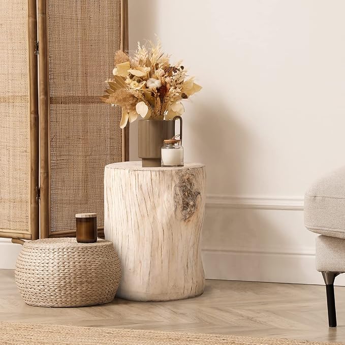 SUNBURY 15" W Stump Side Table Set of 2, Concrete Side Table Coffee Log, Beige Stool Prop Plant Stand Holder for Garden Household Living Room