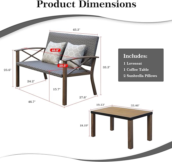 Domi Aluminum Patio Furniture Set, 2-Piece Modern Conversation Set with Cotton Padding Backrests and Seats, Outdoor Loveseat Metal Sofa Set with 5.5 Inch Cushion and Coffee Table for Balcony, Garden