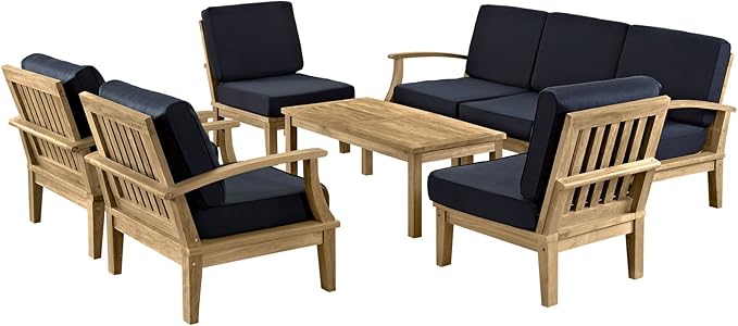 Modway Marina Premium Grade A Teak Wood 8-Piece Outdoor Patio Furniture Set in Natural Navy