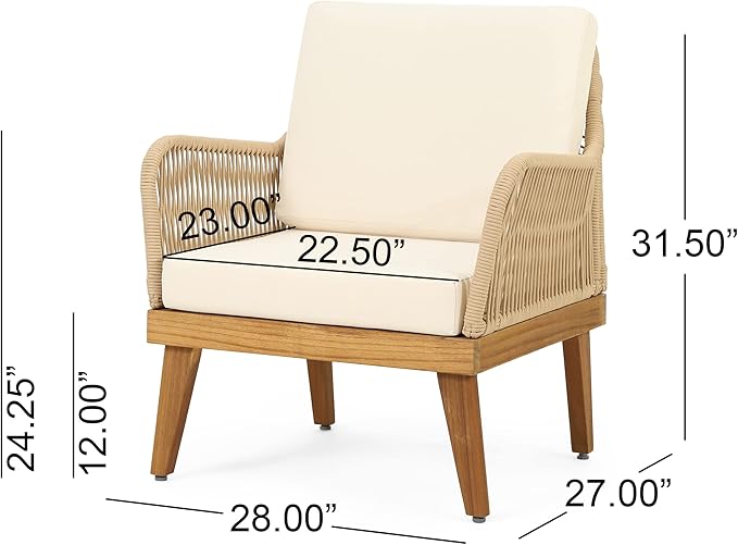 4-Pieces Acacia Wood Patio Furniture Set, All-Weather Outdoor Patio Conversation Set with Coffee Table and Soft Cushions, Rope Weave Porch Chairs for Garden Backyard Porch Balcony