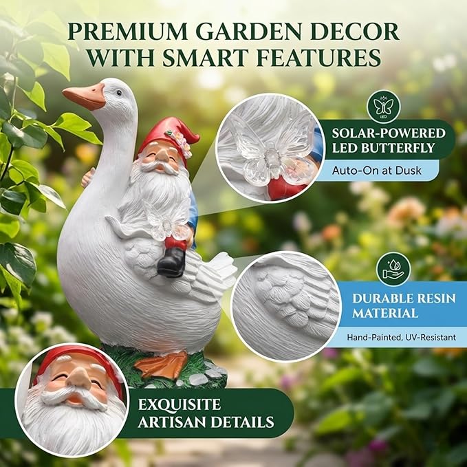 Garden Gnomes Outdoor, Funny Lawn Gnome Statue Decorations, Solar Gnome Riding Goose Figurines Ornament for Patio, Balcony, Yard - Mothers Day Gifts for Women, Mom, Grandma