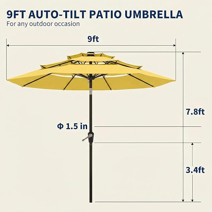 10FT Patio Umbrella 3 Tiers Outdoor Market Umbrella w/Push Button Tilt, Crank, UV and Waterproof Table Umbrella for Garden, Pool, Backyard, Deck, Lawn, Sunshine Yellow