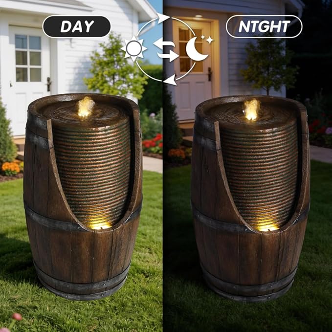 24.8'' Rustic Waterfall Garden Fountain for Patio and Yard - Wood-Look Barrel with LED Lights and Soothing Water Sounds, Weather-Resistant Resin Outdoor Decor