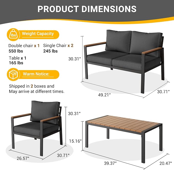 UDPATIO Metal Outdoor Patio Furniture Set, Modern Outdoor Conversation Sets w/Coffee Table, Outside Furniture with Thick, Washable and High-Resiliency Sponge Cushions, Deep Grey, 4 PCS