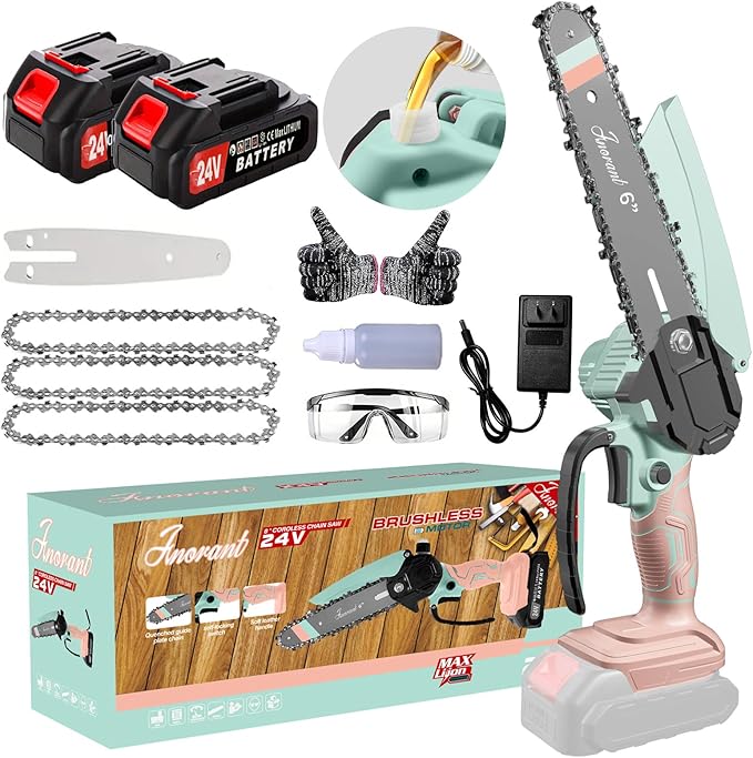 Mini Chainsaw with 2×24V Battery Powered Electric Chain Saw,chain saw are suitable for cutting wood and trimming branches,Mini Chainsaw Cordless With three chains (Blue-pink)