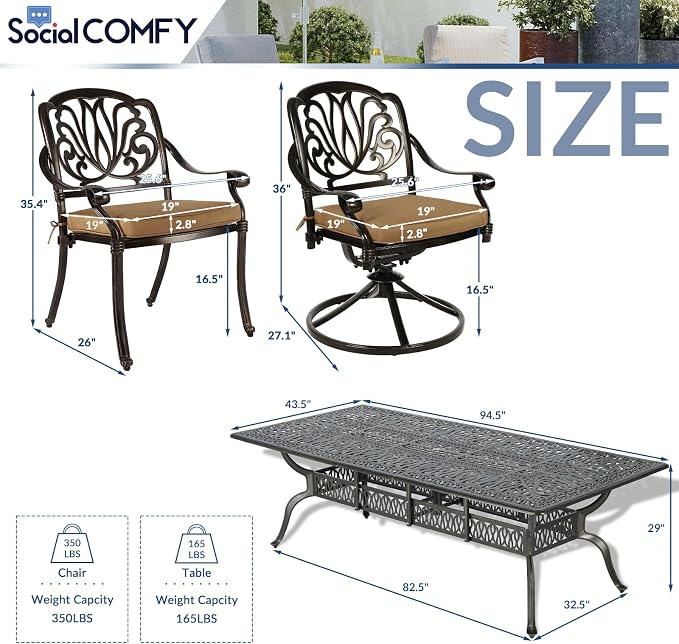 9-Piece Patio Cast Aluminum Dining Set, Outdoor Dining Furniture Set for 8 Person, Includes 94.5" Rectangular Dining Table, 6 Stationary, 2 Swivel Dining Chairs with Umbrella Hole, Tan