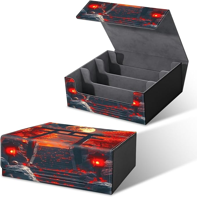 Card Deck Box for MTG, Cards Storage Box Fits 120+ Sleeved, Leather Big Size Strong Magnetic Closing Case for Board Games Magic TCG CCG Baseball Collection Women Man, Red Maple Leaf Moon