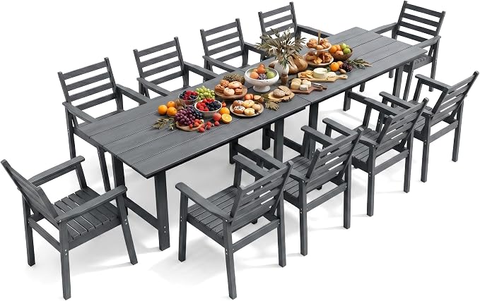 12 Piece HDPE Outdoor Dining Set for 10, Patio Dining Furniture Set with 2” Umbrella Hole, Weather Resistant Outdoor Table and Chairs for Garden, Poolside, Backyard, Deck