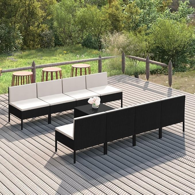 9 Piece Patio Lounge Set with Cushions,Patio Sofa,Outdoor Daybed,Patio Seating,Outdoor Furniture Sets,Patio Conversation Sets,Modern Set,Outdoor Patio Chairs,for Backyard,Garden,Poly Rattan Black