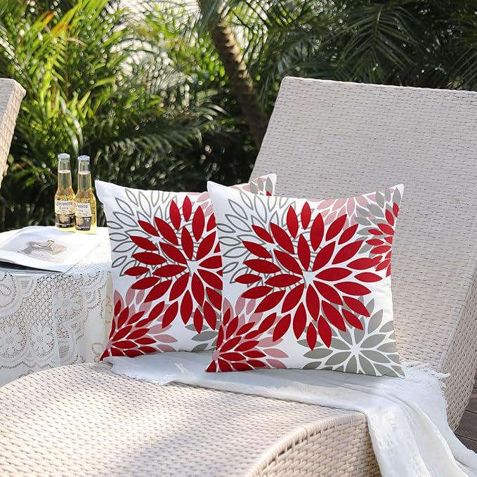 DFXSZ Outdoor Waterproof Pillow Covers 20x20 Set of 2 Red Pink Grey Flower | Spring Summer Waterproof Flower Throw Pillowcases（No Inserts）Decor for Valentines Patio Funiture Garden Polyester Covers