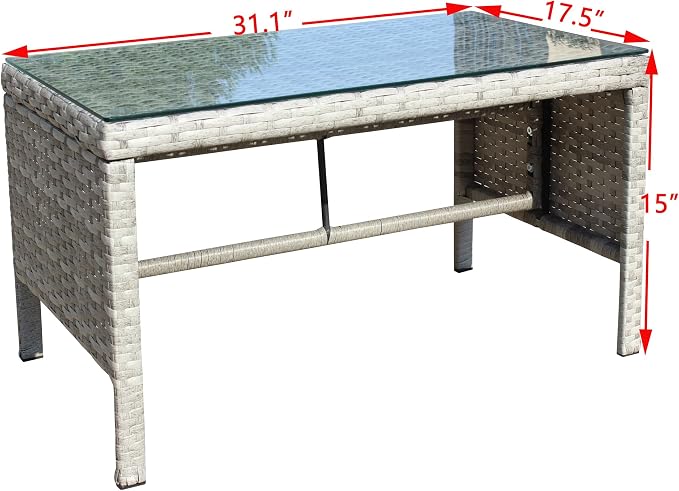 31.1" Outdoor Patio Side Table – Low Rectangle Coffee Table with Tempered Glass Top, Outdoor Wicker End Table for Backyard Deck Patio, 180 lbs Capacity, Grey
