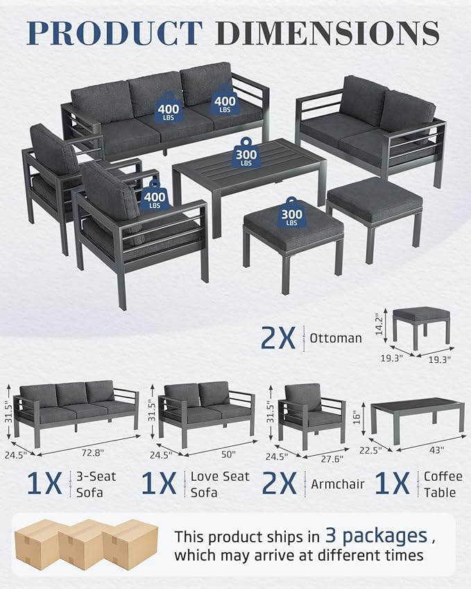 AECOJOY Aluminum Patio Furniture Armchair with Ottoman, Set of 2, Modern Outdoor Furniture with Washable 5 inch Thick Cushion, Dark Gray