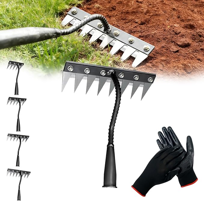 Iron Weeding Rake 2.0, Heavy Duty Carbon Steel Garden Rake for Gardening, Sharp Metal Hand Weeder Tool, Weed Puller and Cultivator for Lawn, Yard, Flower Beds (8 Teeth)
