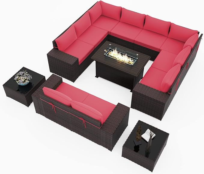 13 PCS Outdoor Patio Furniture Set,Outdoor Sectional Furniture with 43" 55000 BTU Gas Propane Fire Pit Table,All Weather PE Rattan Wicker Patio Conversation Set,Red