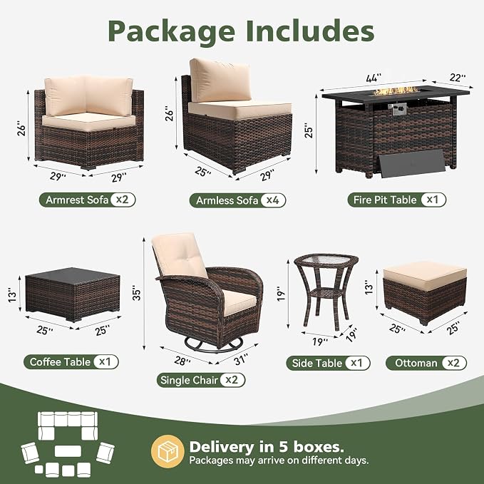 Aoxun 13 Piece Outdoor Patio Furniture Set with 44'' Fire Pit Table, Wicker Rattan Outdoor Furniture with High Back Swivel Rocker Chairs, Outdoor Conversation Set with Thick Cushion & Ottoman, Beige