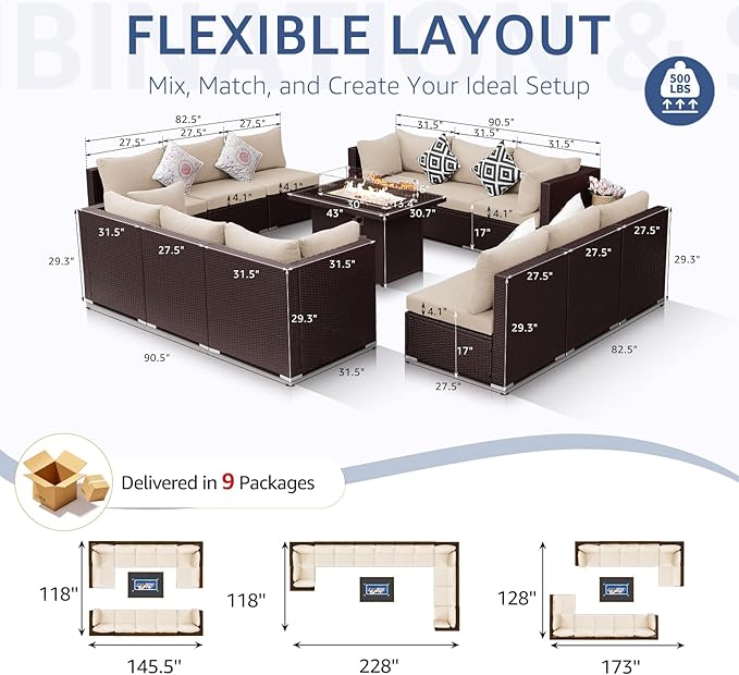 NICESOUL 13 Piece Patio Furniture w/Fireplace, Elegant Outdoor Seating w/Firepit, XL 29.3'' High Back Sectional Sofa, All-Weather Rattan Deck Couch, Modular Sturdy Conversation Set, Brown & Beige
