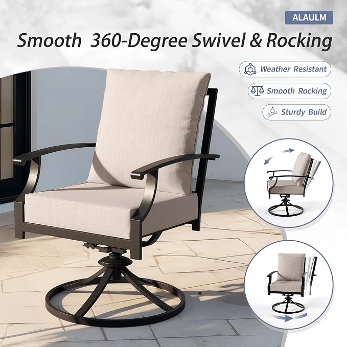 ALAULM 7-Piece Patio Dining Set,Outdoor Metal Dining Set with 2 Swivel Chairs & Rectangle Table with 1.5 Umbrella Hole, Patio Dining Table and Chairs for Backyard,Sand