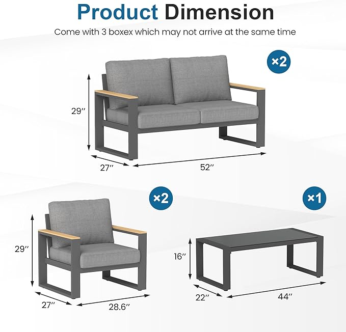 Aluminum Outdoor Patio Furniture Set with Height-adjustable Footrest for Lawn Porches Patio, 6-Seats All-weather Patio Sofa Sets with Coffee Table, Modern Outdoor Patio Conversation set, Grey