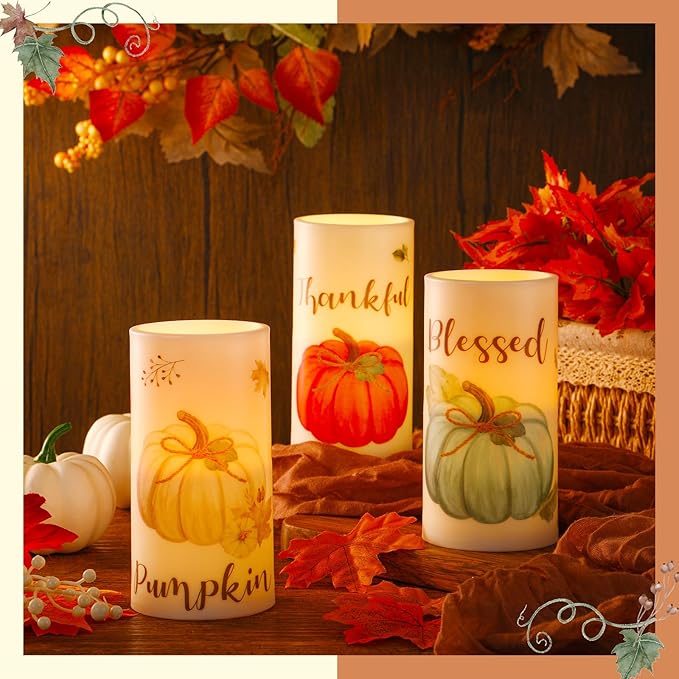 Retisee 3 Pcs Farmhouse Thanksgiving Flameless LED Candles Thanksgiving Battery Operated Candles with Remote Control Thankful Blessed Pumpkin Decor for Table Centerpiece Bedroom Harvest Decorations