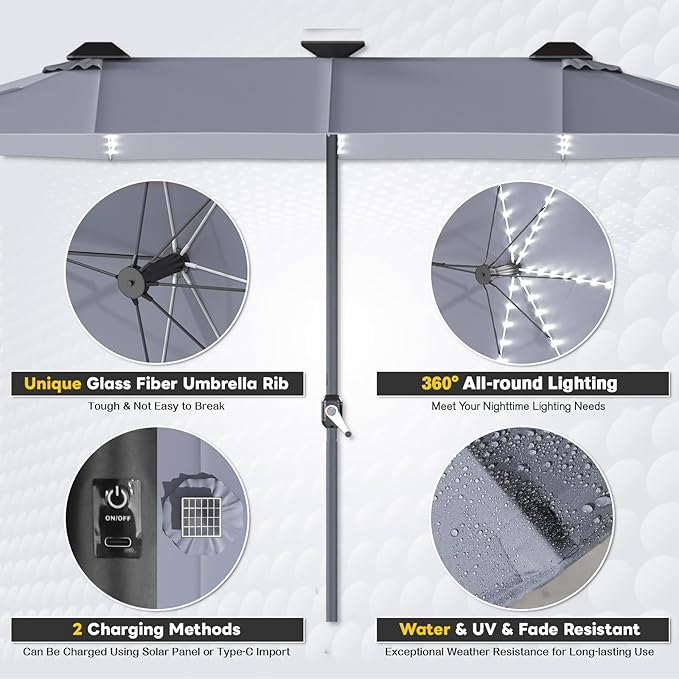 AECOJOY 15ft Double-Sided Patio Umbrella with Solar Lights, Outdoor Rectangle Market Large Patio Umbrella with Base Include|Crank Handle|156 PCS LED Lights for Garden Deck Pool in Grey(1.9" Pole)
