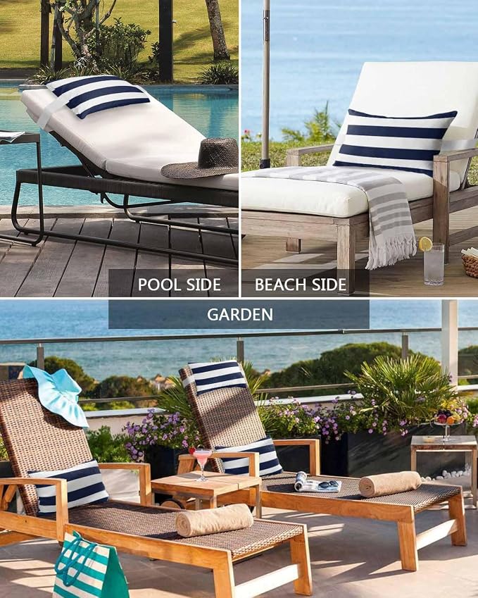 Outdoor Pillow for Chaise Lounge Chair, Simple Stripe Pattern Blue and White Waterproof Headrest Pillow Lumbar Pillows with Adjustable Elastic Strap for Beach, Poolside, Patio, Office (1 Pack)