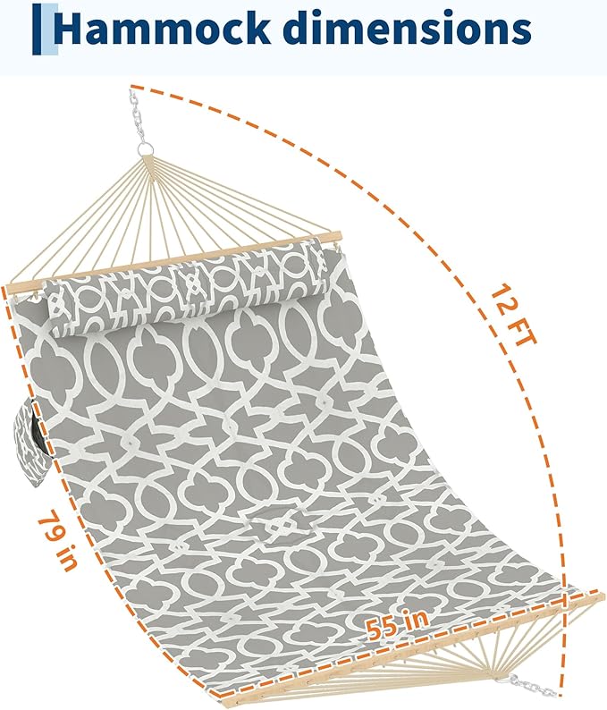 Garvee Double Quilted Fabric Hammock with Hardwood Spreader Bars and Pillow 450 LBS Capacity 2 Person Large Hammock for Outdoor Patio Backyard Poolside（Light Gray Stripes）