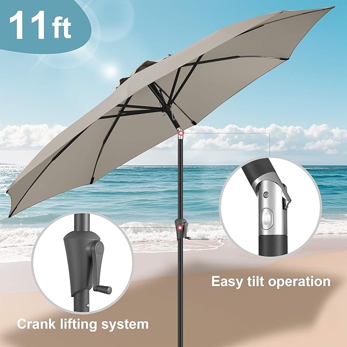 FLAME&SHADE 11 ft Patio Umbrella - Table Umbrella Outdoor with Push Button Tilt and Crank, UV Protection, 8 Sturdy Ribs, Market Umbrella for Garden, Deck, Backyard, Lawn, Pool and Beach(Taupe)