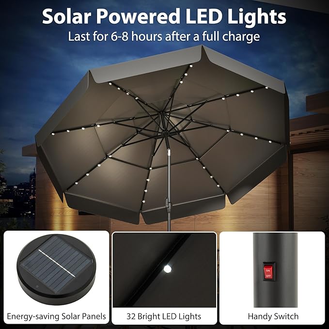 Tangkula 10 FT Solar LED Patio Umbrella, 3-Tiers Scalloped Outdoor Table Market Umbrella with 32 LED Lights, Tilt Adjustment, Crank, 8 Sturdy Ribs for Pool, Deck, Backyard (Gray)
