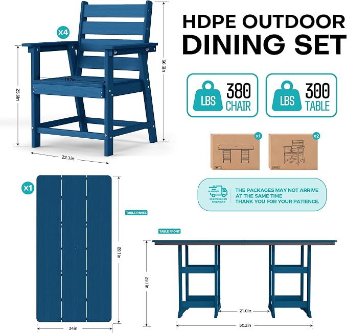 5-Piece Dining Set, HDPE Table & 4 Chairs, Navy Blue | HDPE Dining Set: 69.1" Table + 4 Chairs, 380 lbs, 304 Stainless, All-Weather, No Rust No Crack, Outdoor Patio Garden
