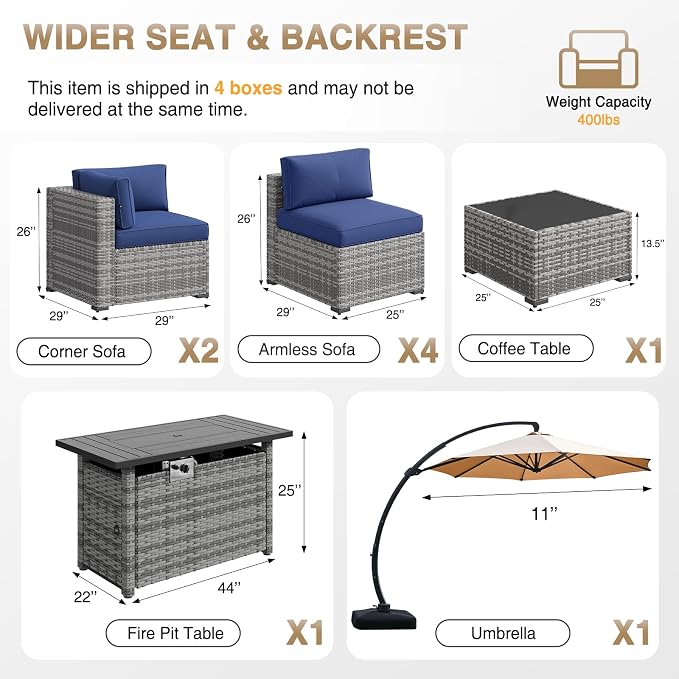 Aoxun Patio Furniture Sets, 9-Piece Outdoor Patio Furniture with 44'' Propane Gas Firepit Table and 11FT X 11FT Cantilever Umbrella, Wicker Outdoor Conversation Set for Backyard