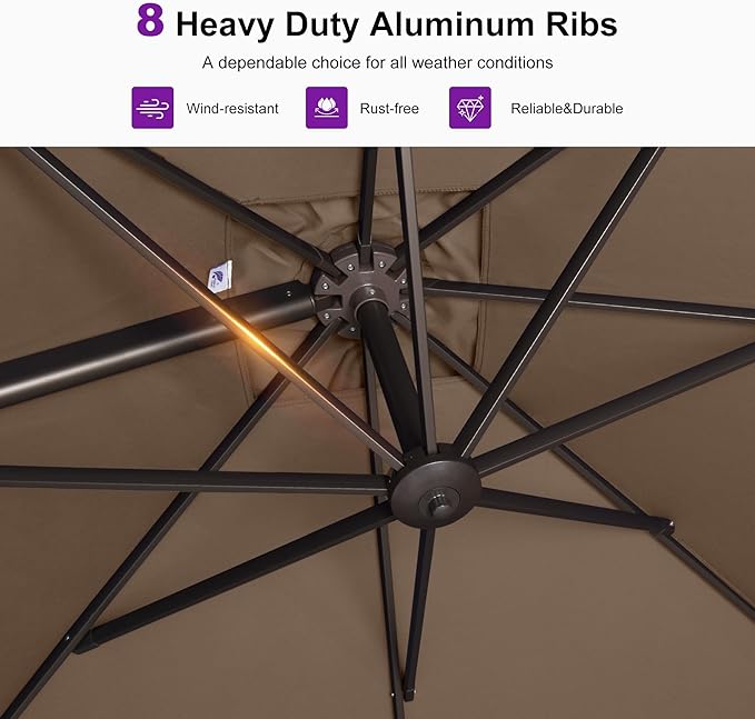 PURPLE LEAF 9' X 11.5' Rectangle Cantilever Umbrella Patio Umbrella Antique Bronze Outdoor Aluminum Offset Hanging Umbrella with 360-degree Rotation for Pool Garden Backyard Deck, Taupe