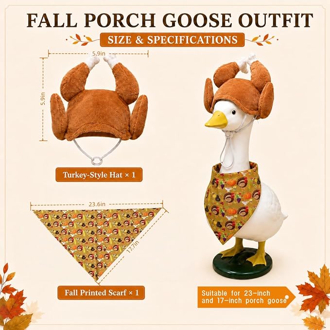 Thanksgiving turkey Porch Goose Outfit for 23"/17" Lawn Statue Yard Decor | Cute Porch Goose Fall Outfits with Turkey Hat Harvest Bandana Costume for Cement/Plastic Statues