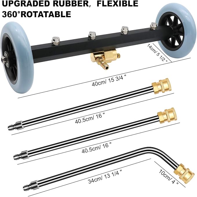 ZALALOVA Pressure Washer Undercarriage Cleaner, 16 Inch Power Washer Surface Cleaner Attachments, Under Car Wash Water Broom w/ 2 Pcs Extension Wand 1 Pc 60¡ã Angled Wand, 4000 PSI