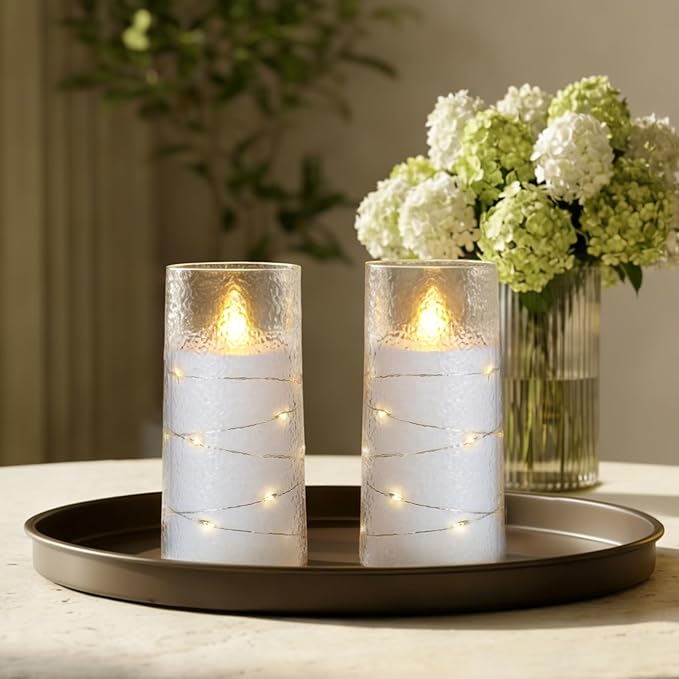 Homemory Upgraded Flameless Candles Flickering with Remote & Timer, 3x6 Inch LED Pillar Candles Battery Operated, Textured Wave Shell with Fairy String Lights, Fake Candle for Wedding, Home Decor