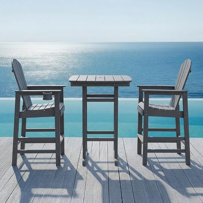3-Piece HDPE Bar Height Table and Chairs Set, 42.1" Square High Top Pub Table with Umbrella Hole, 2 Adirondack Charis with Cup Holders, Outdoor Patio Dining Set for Bistro Backyard Deck Gray