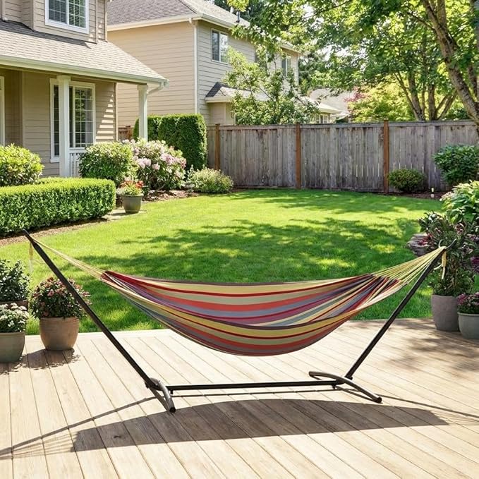 Hammock with Stand for Outside, Heavy Duty 2 Person Hammock, Portable Double Hammock with Space Saving Steel Hammock Stand, Outdoor Hammock for Patio, Garden and Backyard, 450 lbs Capacity