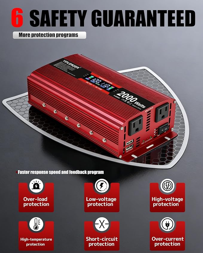 2000 watt Inverter 12V to 110V/120V, dc to ac Inverter 2000W Car Converter with Intelligent LCD Display Dual AC Outlets Dual USB Charging Port for RV Truck Laptop