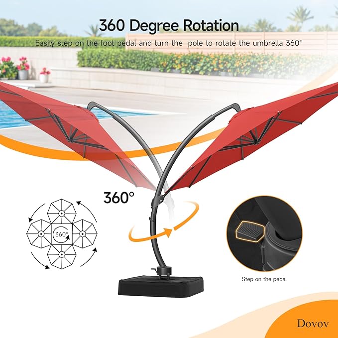 11 FT Outdoor Patio Umbrella with Base, Aluminium Curved Cantilever Umbrella, Large Round Hanging Offset Umbrella with Unlimited Position Adjustment and 360°Rotation for Market Garden Pool, Red