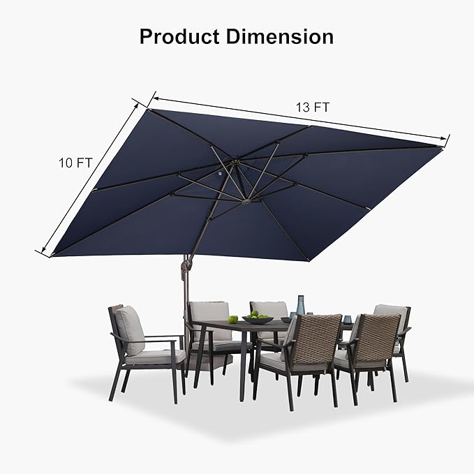 PURPLE LEAF 10' X 13' Patio Cantilever Umbrella Rectangle Umbrella Outdoor with Aluminum Offset Antique Bronze Hanging and 360° Rotation for Pool Garden Deck Patio, Navy Blue
