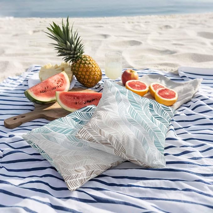 Vandarllin Outdoor Throw Pillows Covers 16x16 inch Set of 2 Waterproof Summer Beach Decorative Zippered Cushion Covers for Patio Furniture, Ombre Blue Abstract Leaf Lines Lumbar Pillowcases
